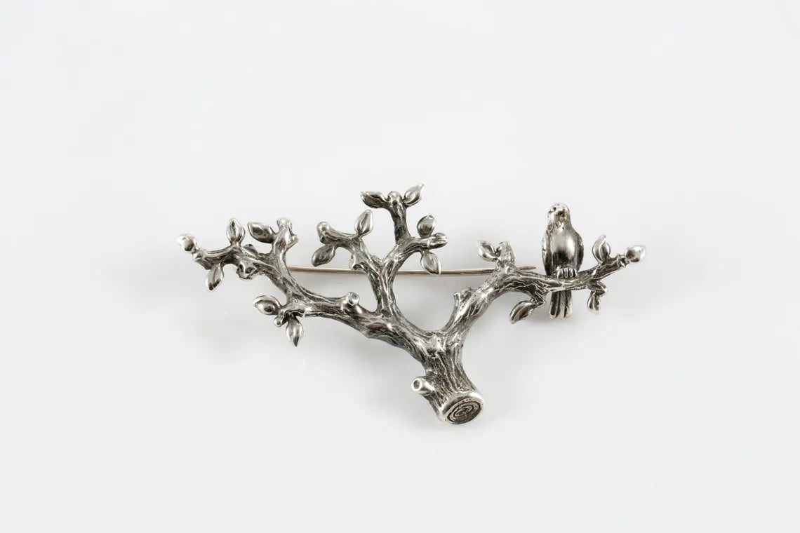 Handmade sterling silver bird branch brooch