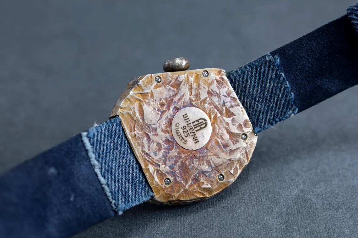 Bold artisan unisex wristwatch with denim leather strap