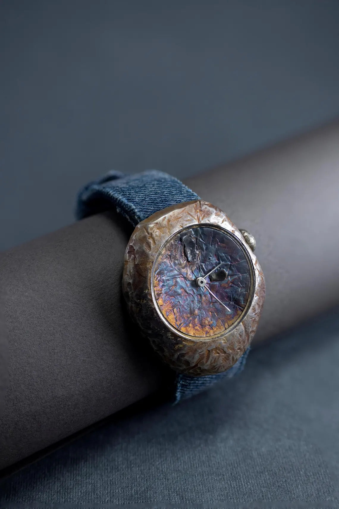 Handcrafted rustic sterling silver unisex watch with denim strap