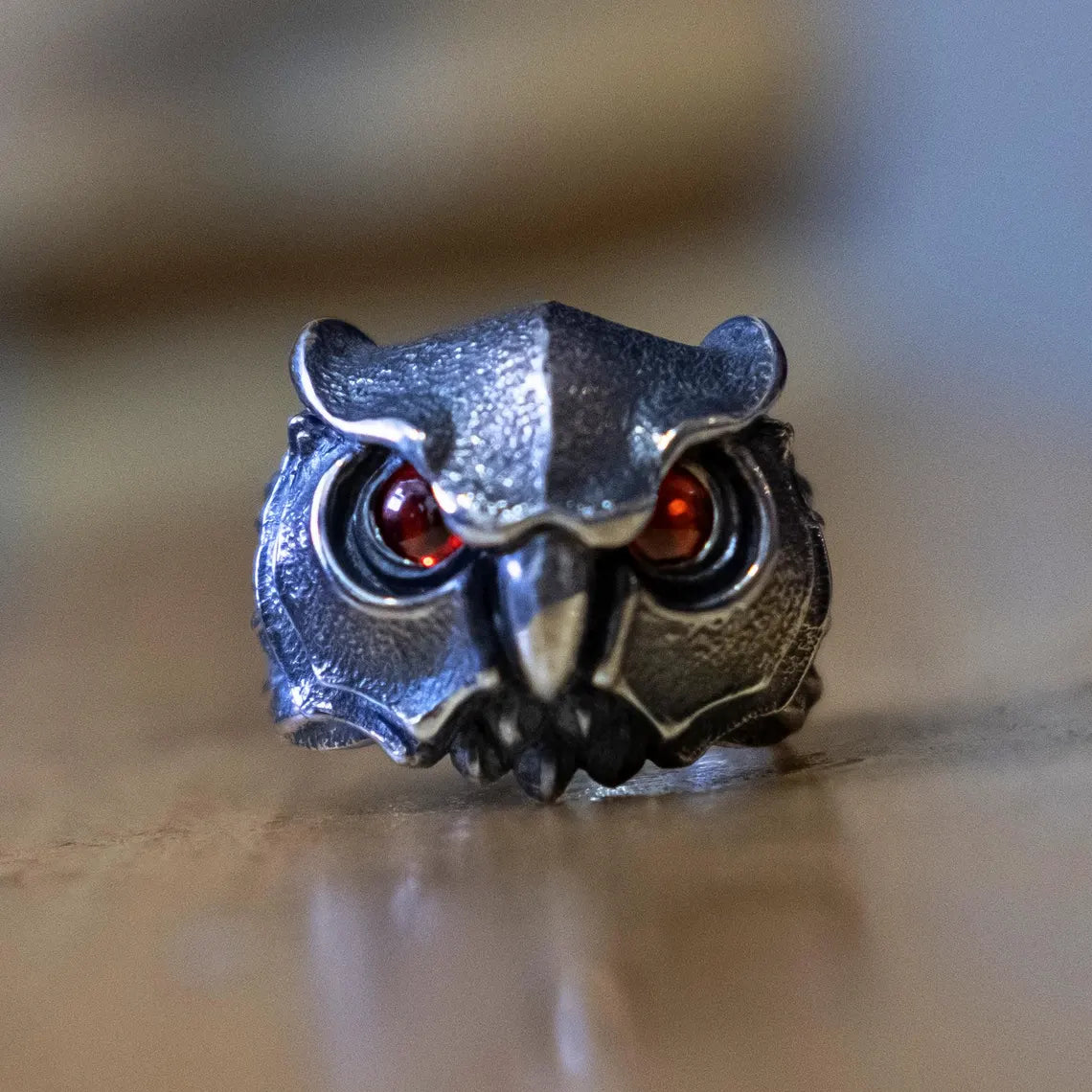 Sculptural owl feather detail silver ring design