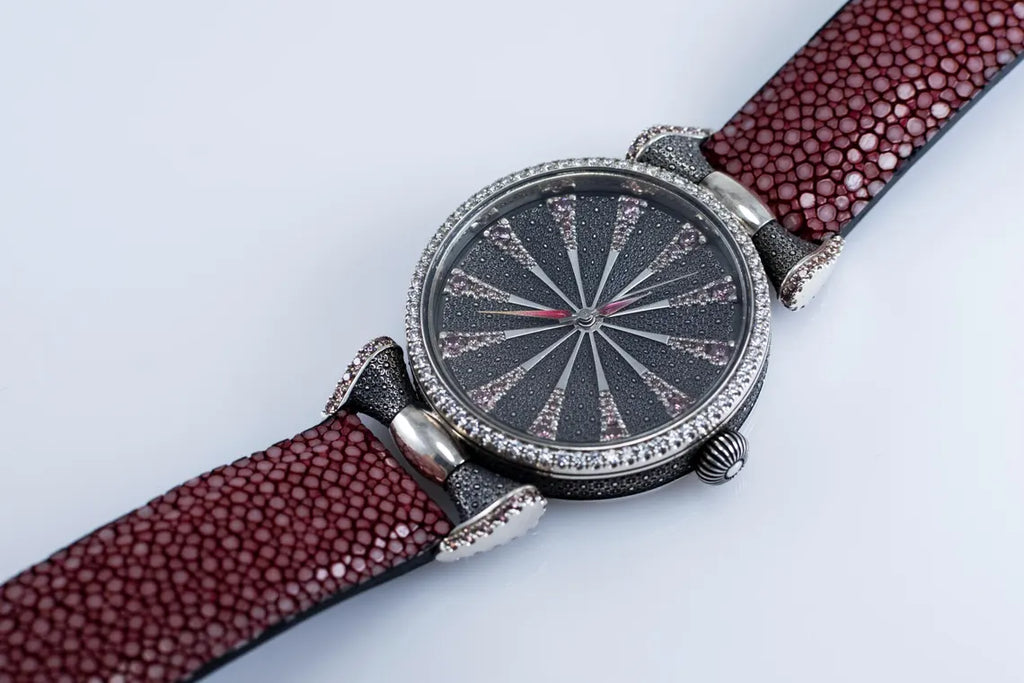 Handcrafted 925 Sterling Silver Watch with Lilac Cubic Zirconia Dial & Stingray Leather Strap