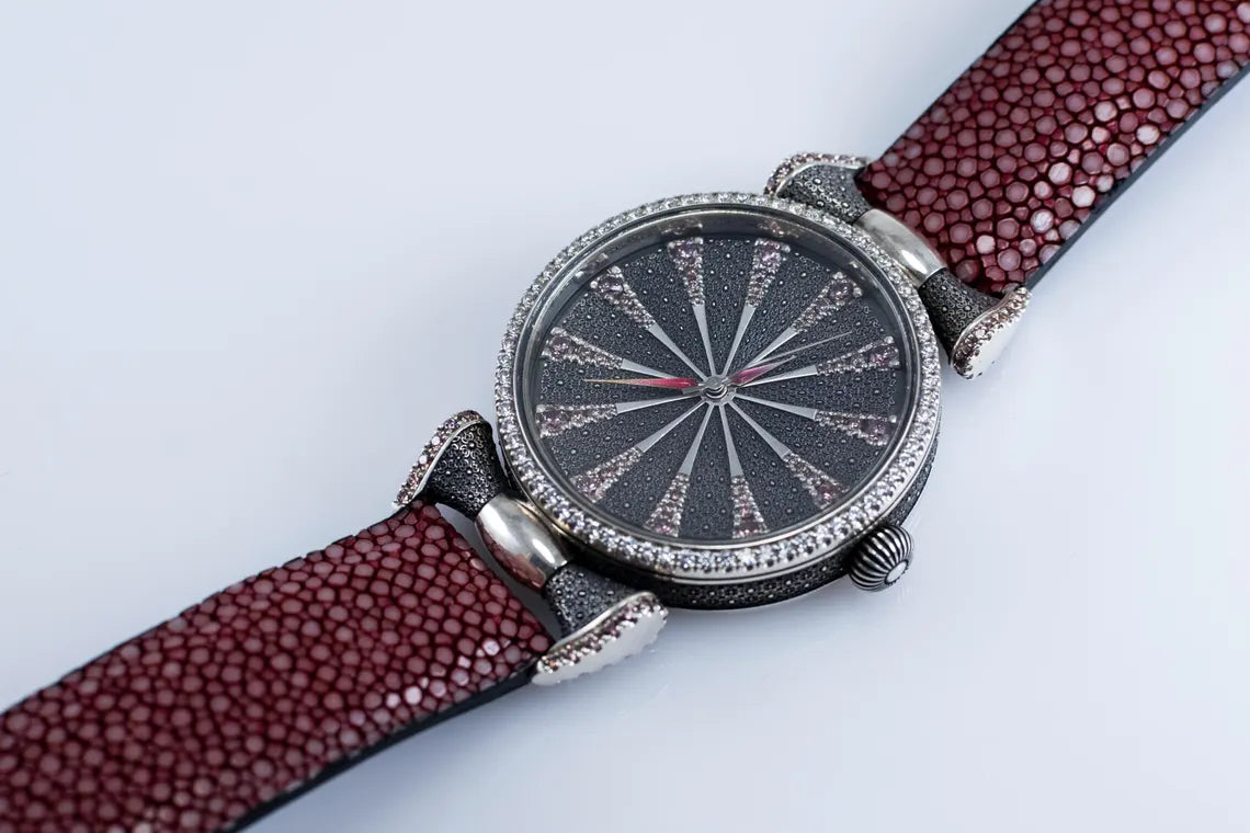 Handcrafted 925 Sterling Silver Watch with Lilac Cubic Zirconia Dial & Stingray Leather Strap