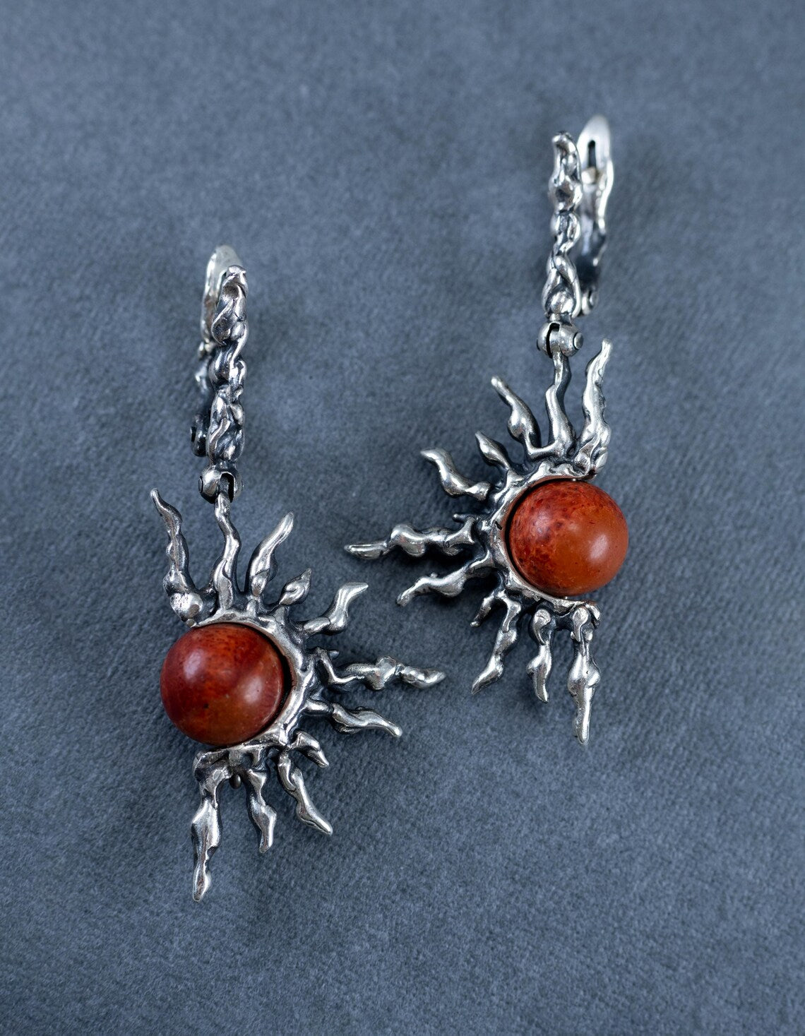 Sun & Red Coral Silver Earrings