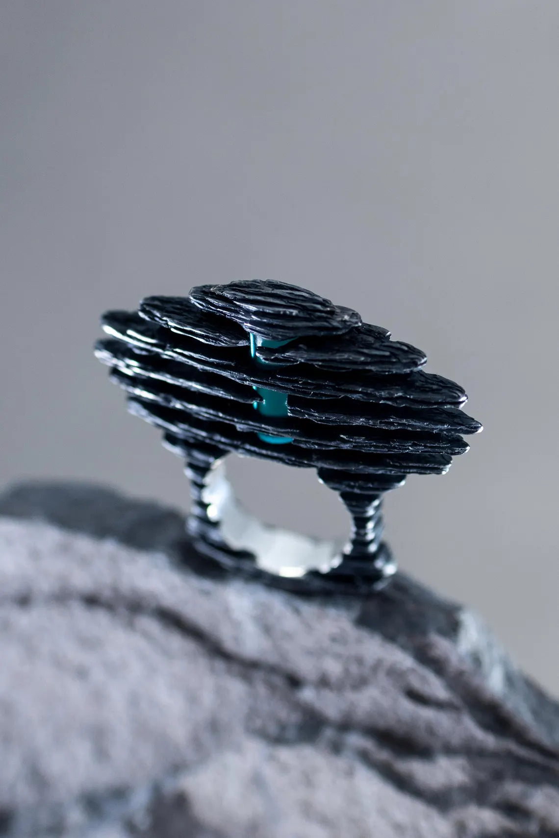 Modern artisan silver ring with blue quartz