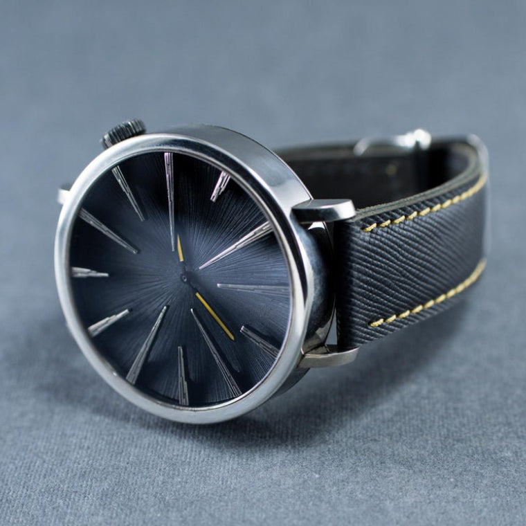 Minimalist black dial men's watch with leather strap