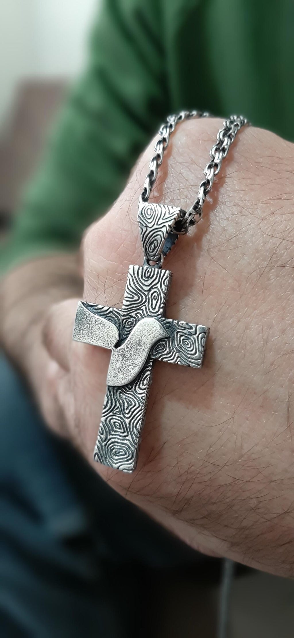 Double-Sided Cross Pendant – Sterling Silver Dove & Latin Prayer Necklace