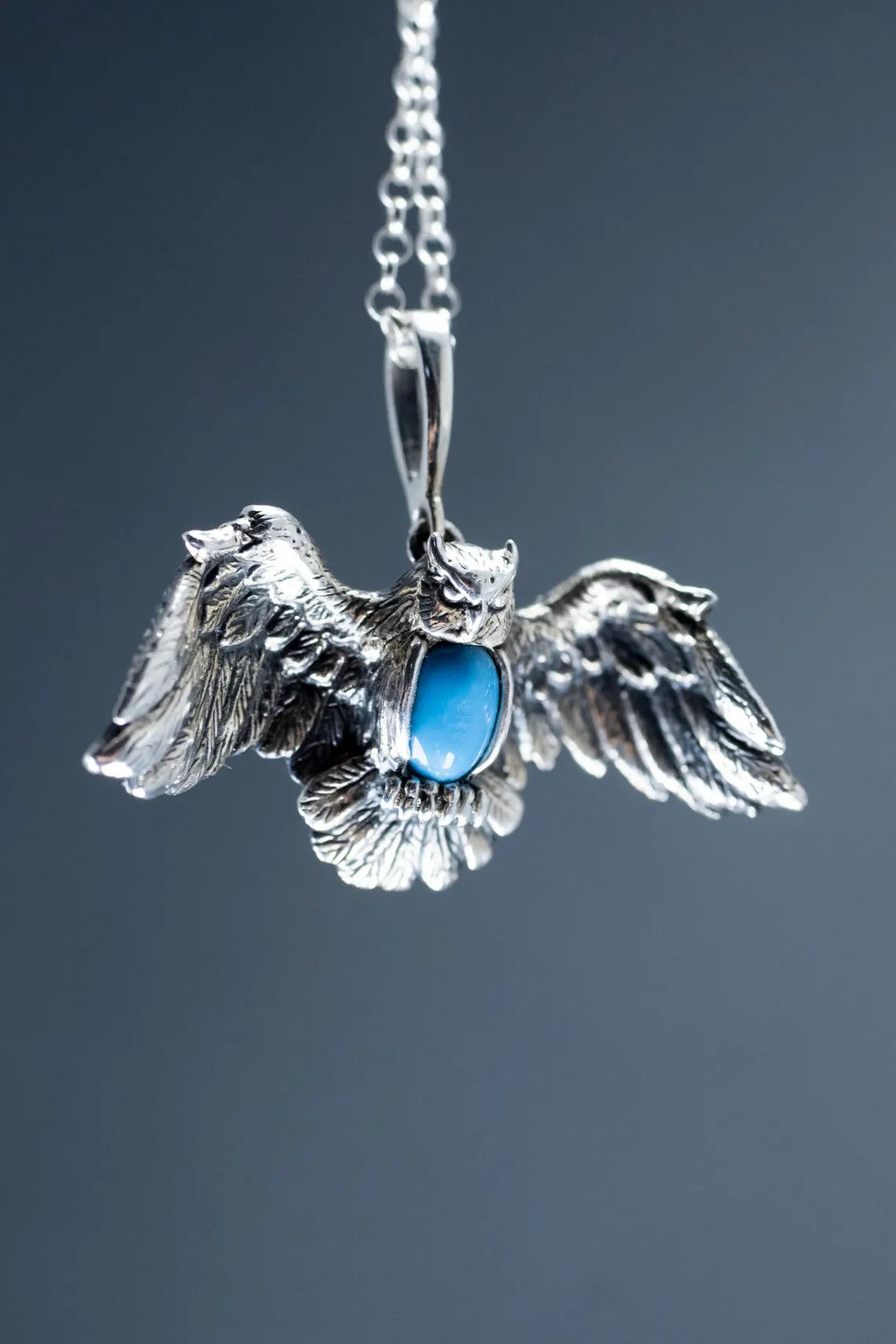 Handmade sterling silver flying owl pendant