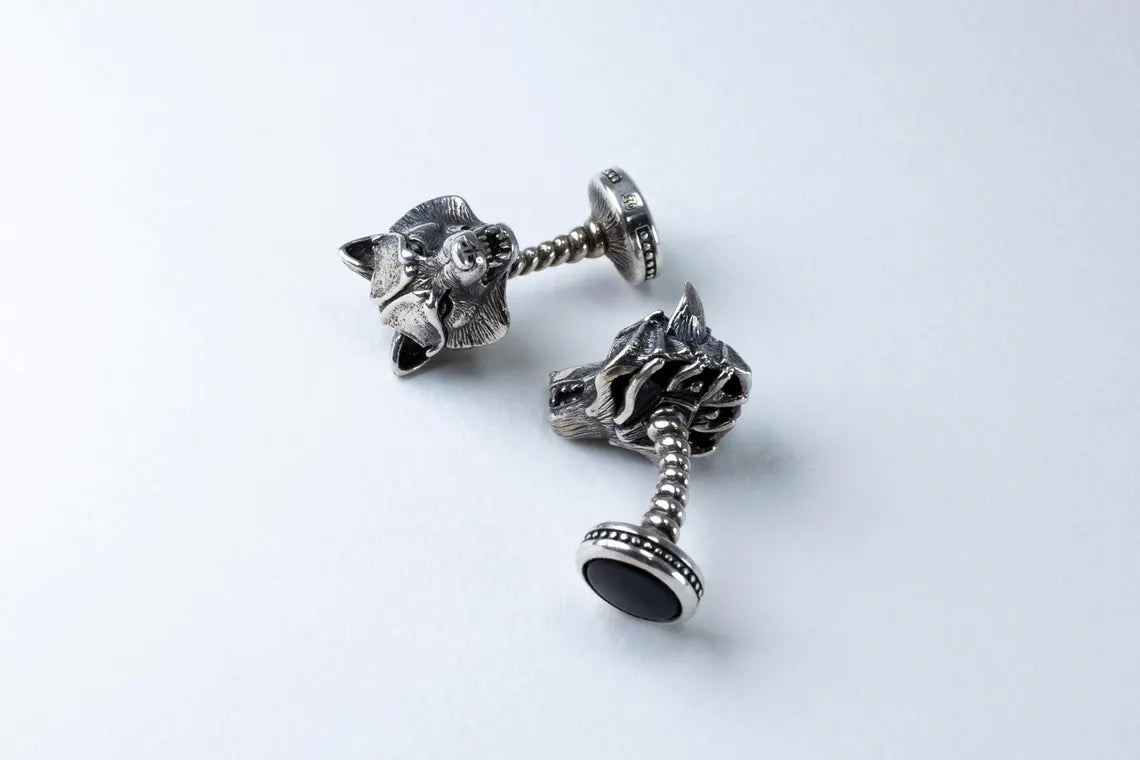 Wolf Head Silver Cufflinks