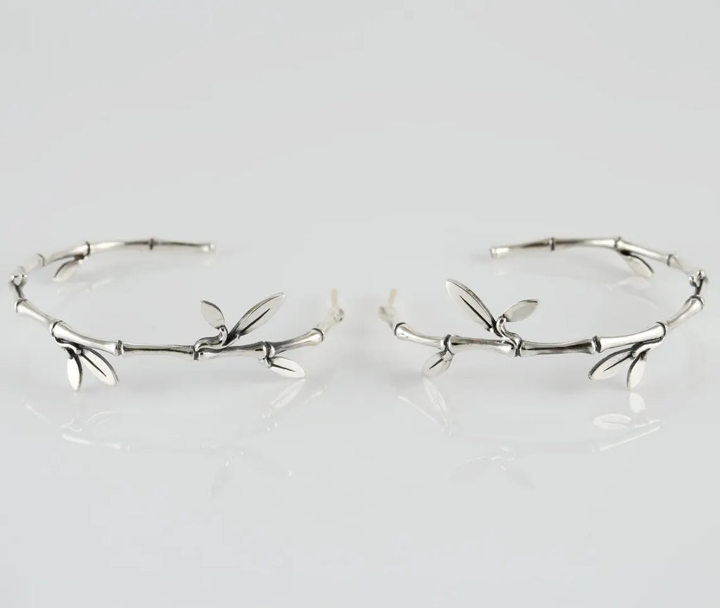 Handcrafted 925 Sterling Silver Bamboo Leaf Hoop Earrings – Botanical Statement Jewelry