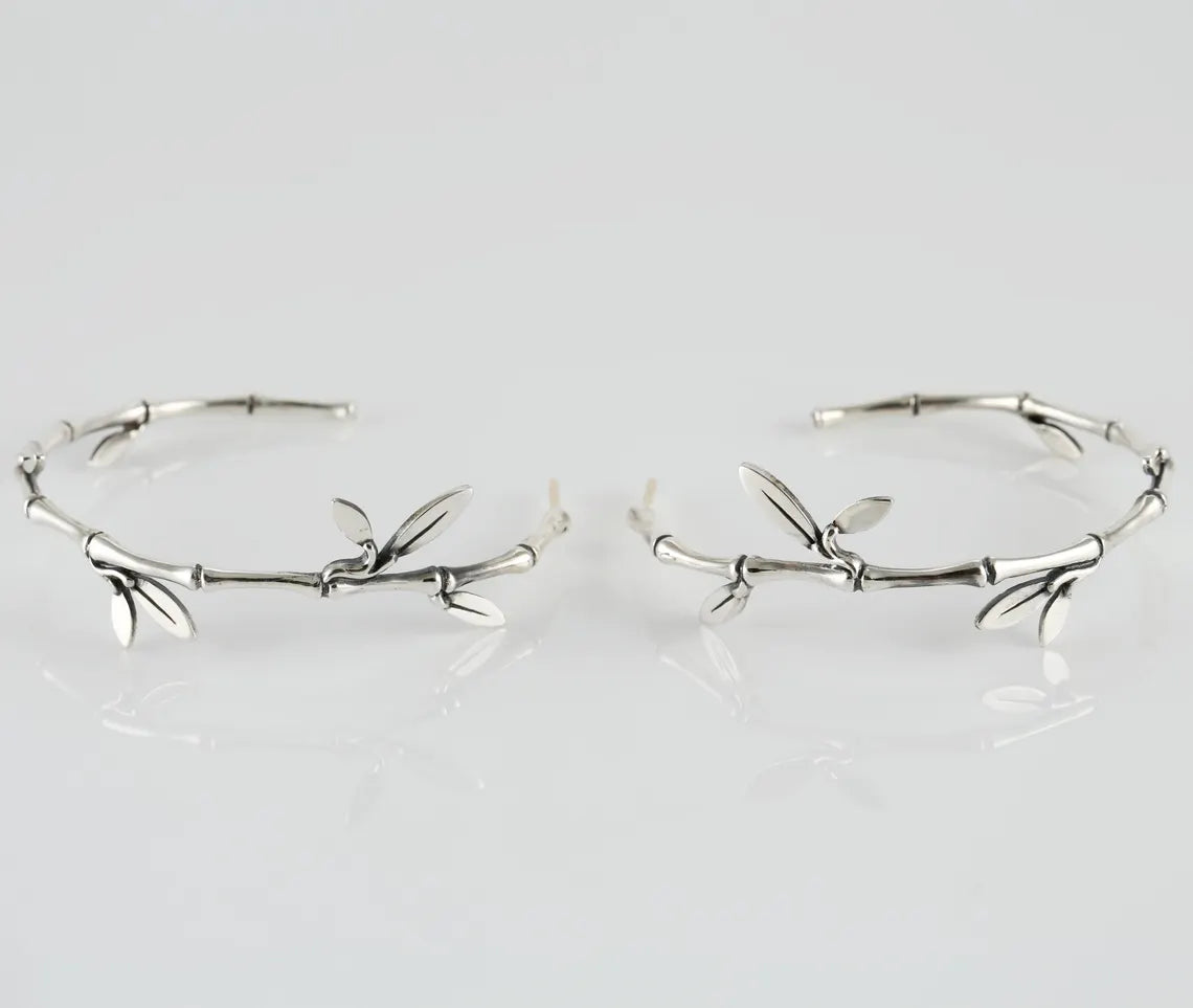 Bamboo leaf sterling silver hoop earrings detail