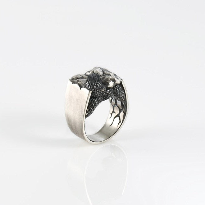 Sterling Silver Snake Ring for Men | 925 Sculpted Lizard Creature Ring | Brutalist Style Reptile Statement Jewelry | Handmade Gothic Ring