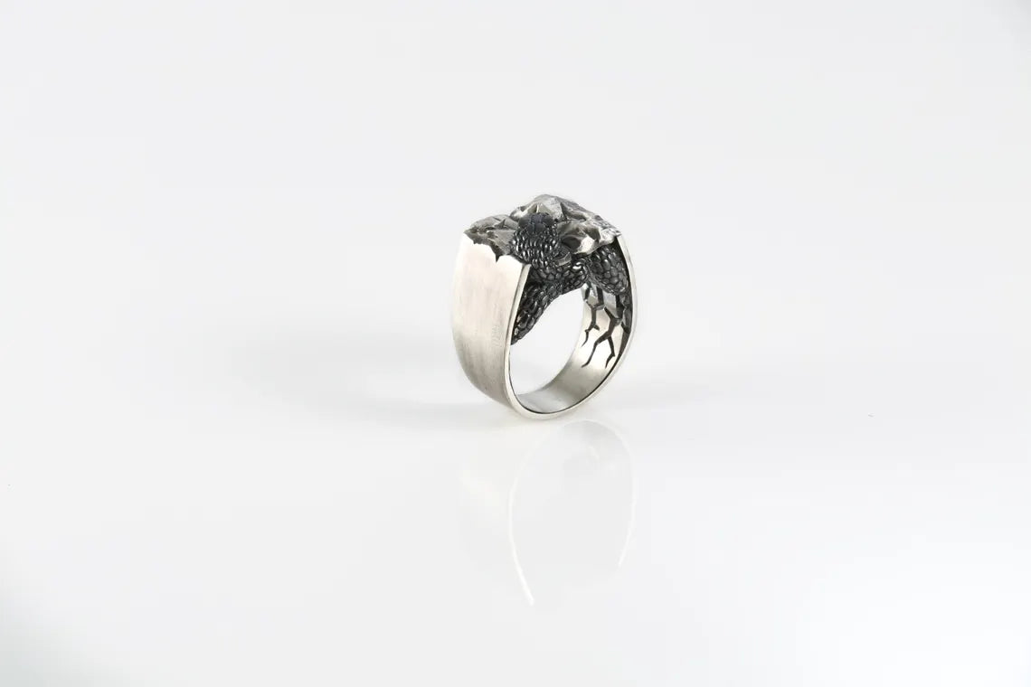 Bold serpent-inspired silver ring with brutalist styling
