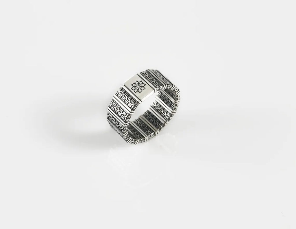 Handmade sterling silver geometric tribal band ring for men
