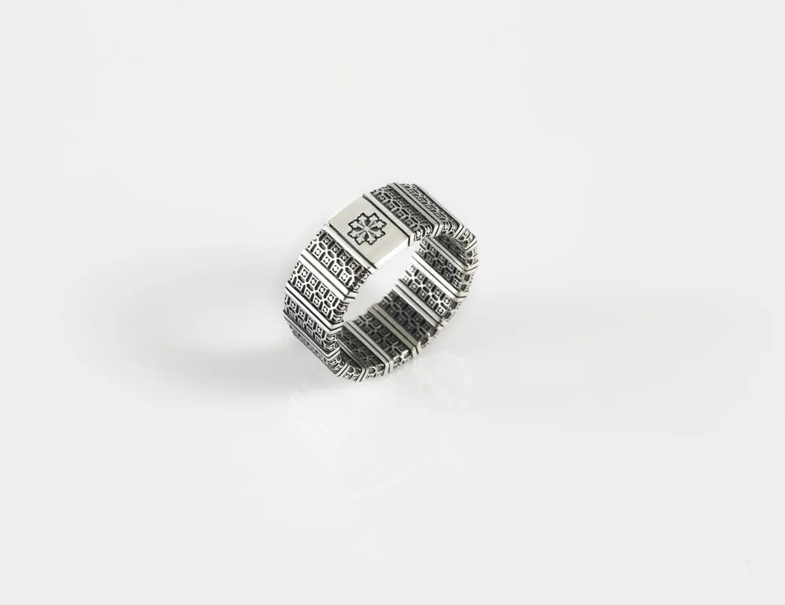 Handmade sterling silver geometric tribal band ring for men