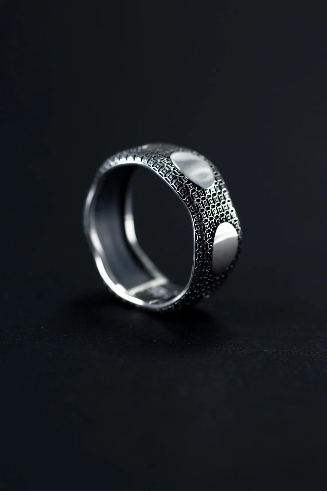 Handmade oxidized silver textured ring