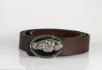 Western cowboy belt with silver horse design and black onyx eye