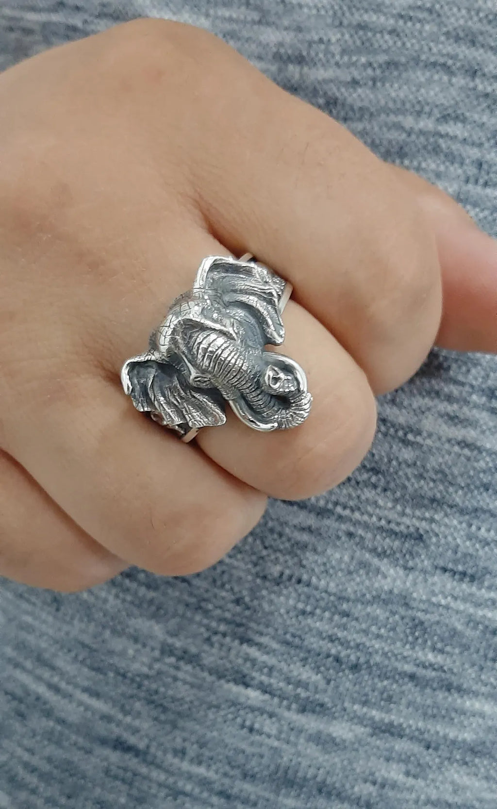 Oxidized sterling silver elephant ring close up