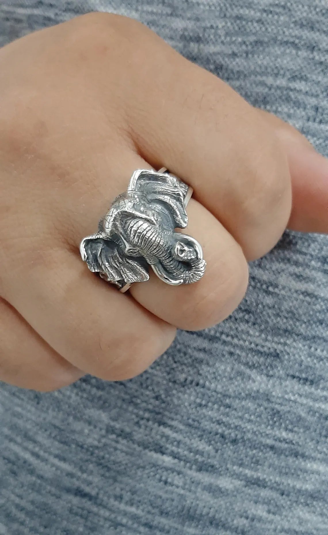 Oxidized sterling silver elephant ring close up