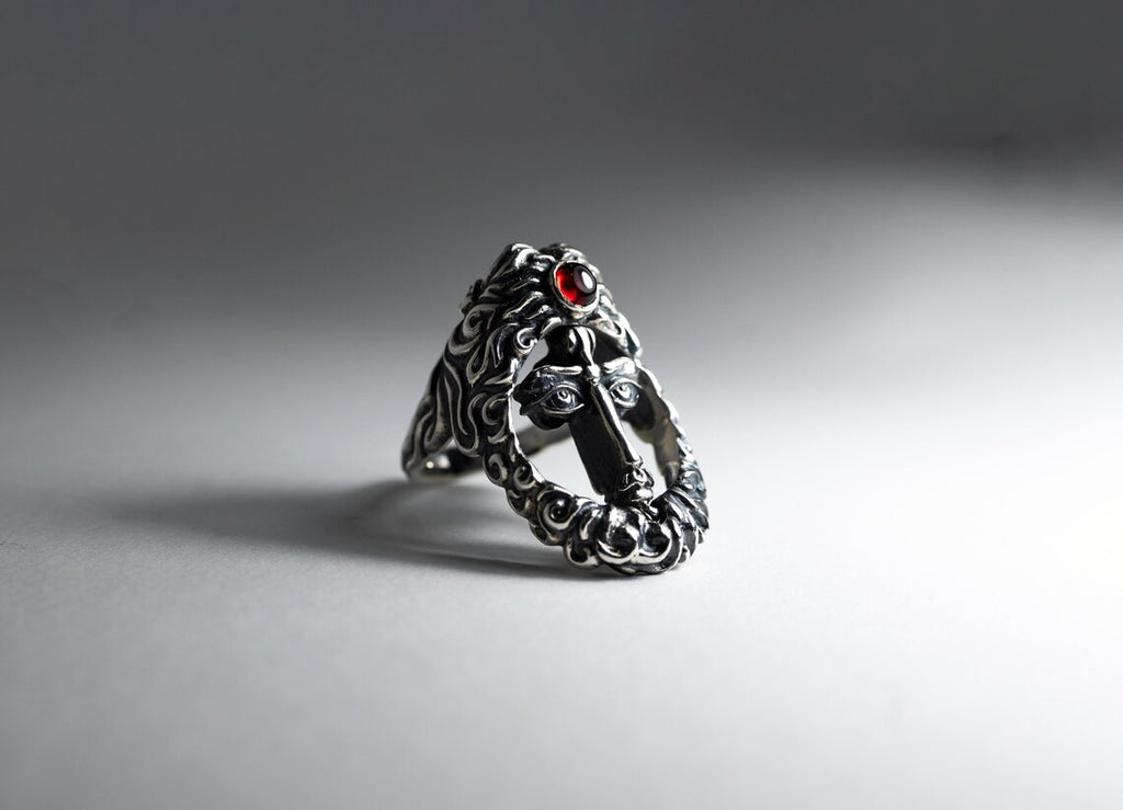 Sterling Silver Two-Face Transformer Ring with Garnet – Adjustable Statement Ring for Men & Women
