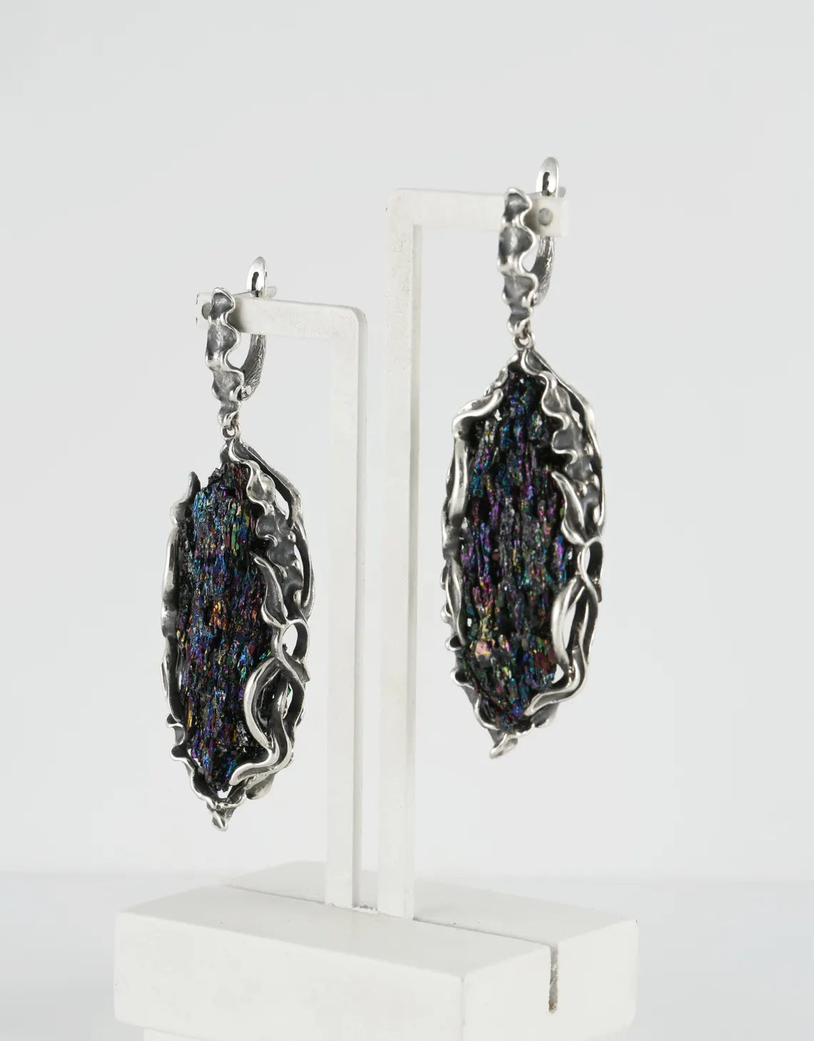 Sterling silver boho earrings featuring rainbow carborundum gemstones