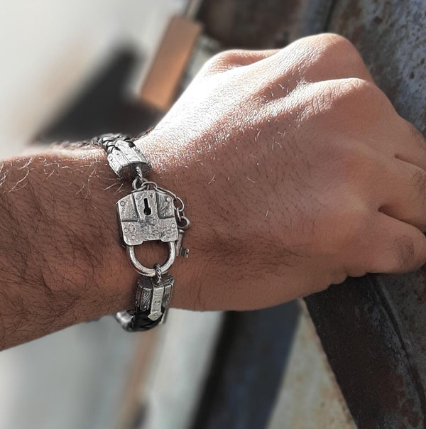 Padlock leather bracelet for men