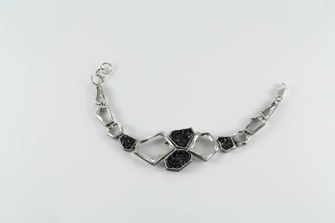 Handcrafted Earth Element Jewelry Set in Sterling Silver with Rainbow Carborundum
