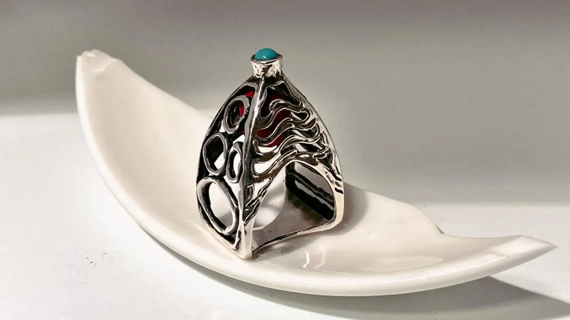 Sterling silver Fifth Element ring with turquoise and coral