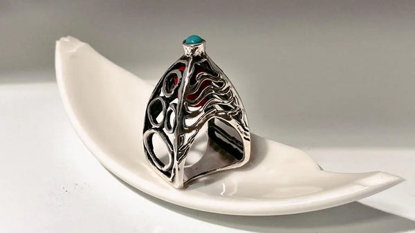 Sterling silver Fifth Element ring with turquoise and coral