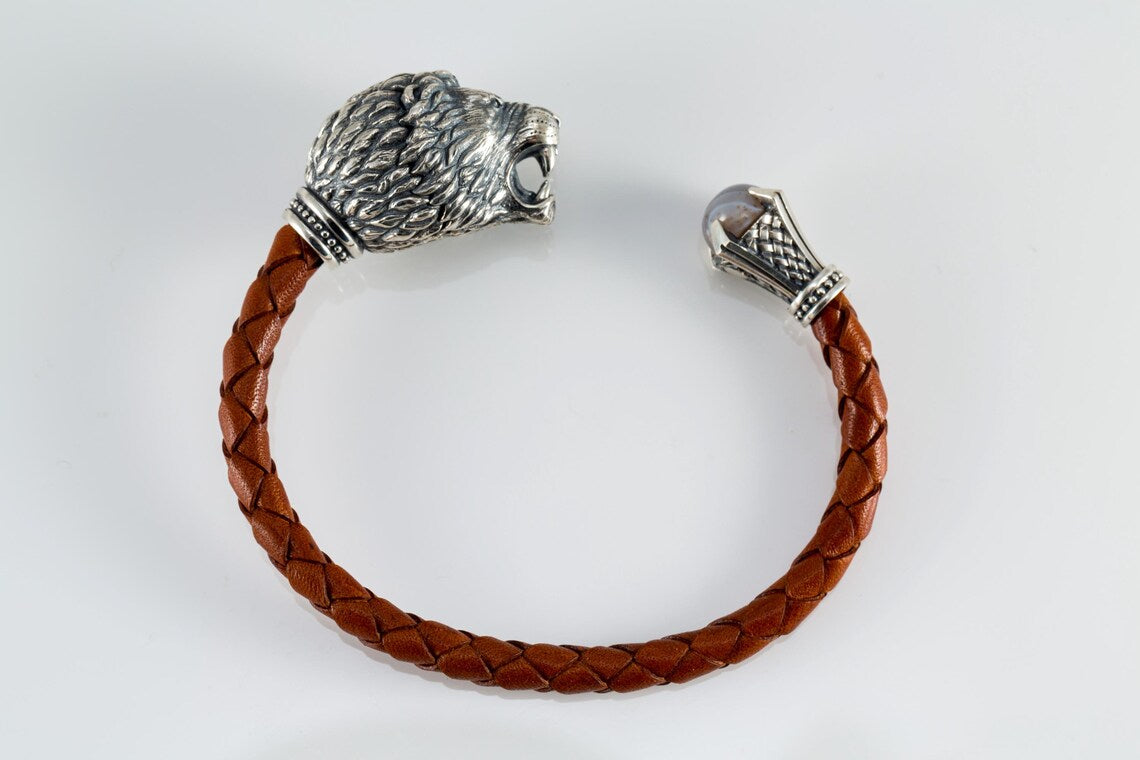 Lion head leather bracelet for men