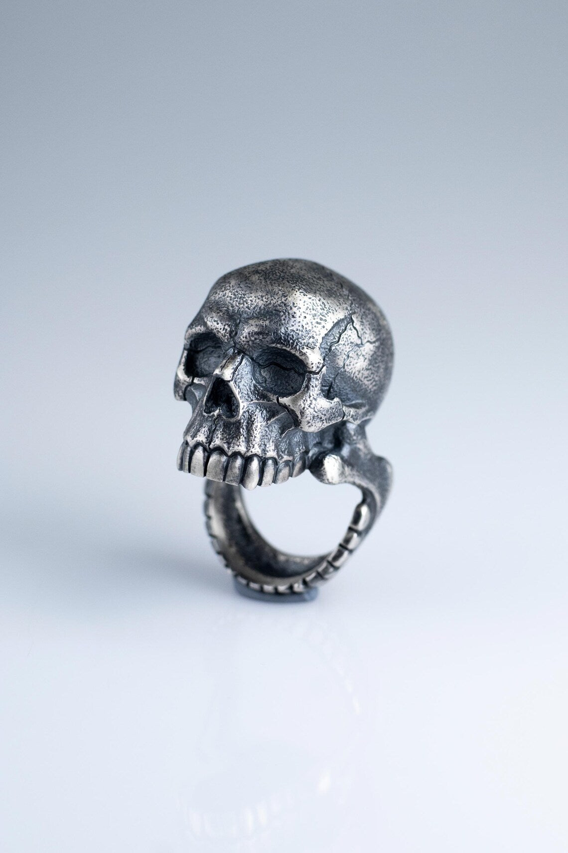 Artisan men's skull ring in sterling silver with gothic design
