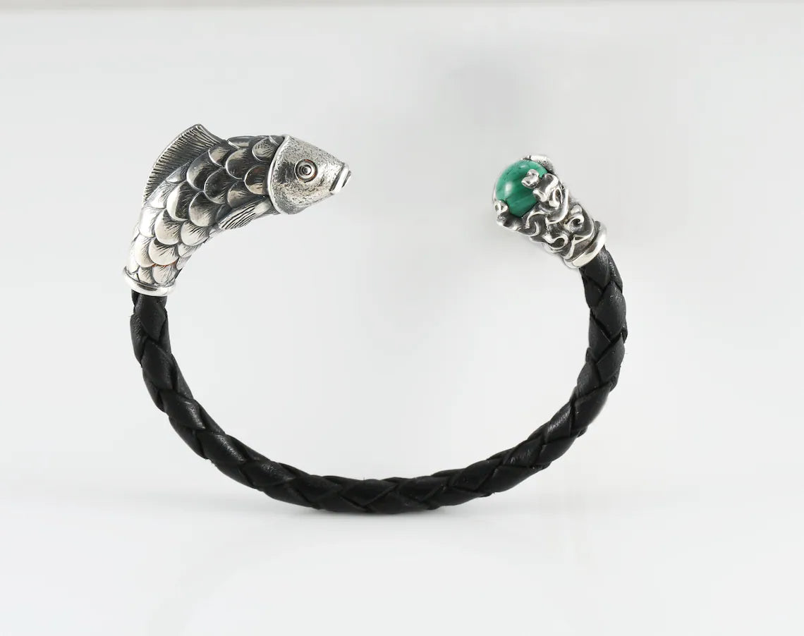 Fish head malachite sterling silver bracelet