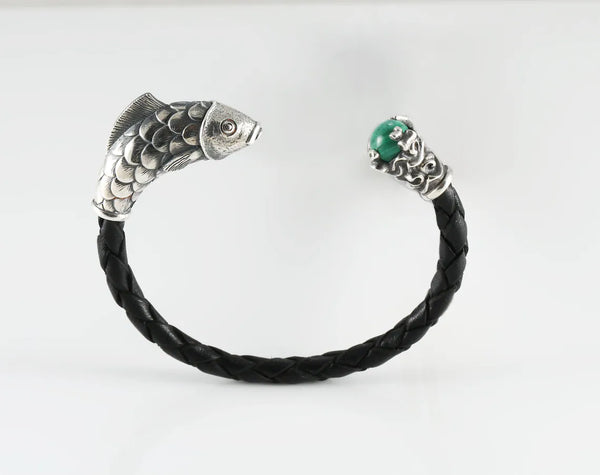 Fish head malachite sterling silver bracelet