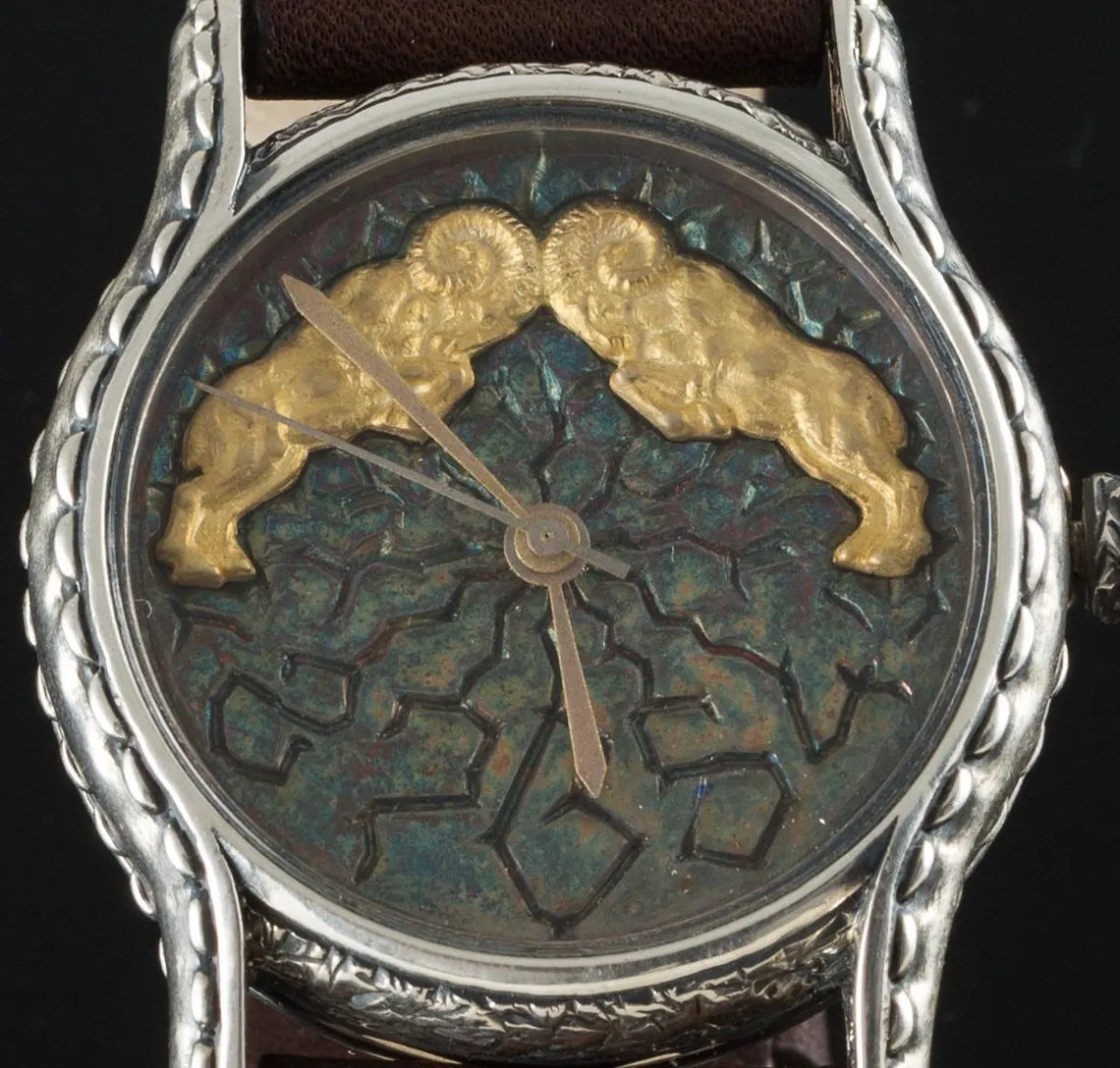 Artistic ram dial watch with gold-plated Aries design