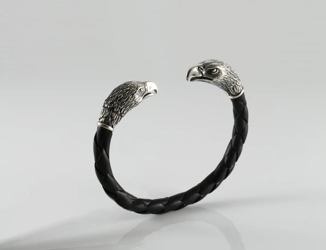 Handmade eagle leather bracelet close-up