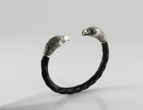 Eagle Head Leather Bracelet – Sterling Silver Quartz Cuff for Men