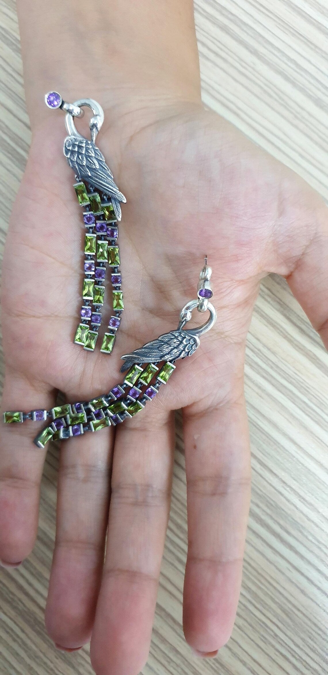 Mythical phoenix dangle earrings featuring natural gemstones