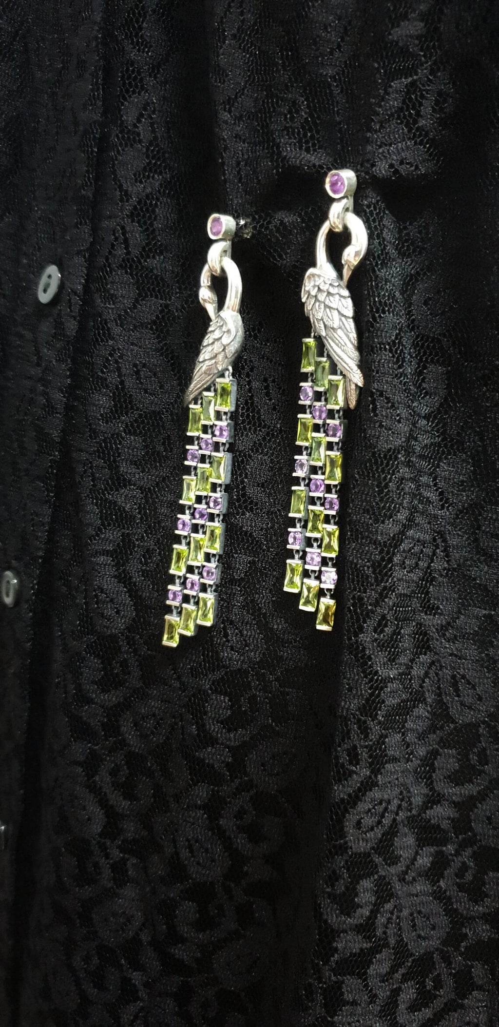 Statement sterling silver Firebird earrings inspired by Slavic mythology