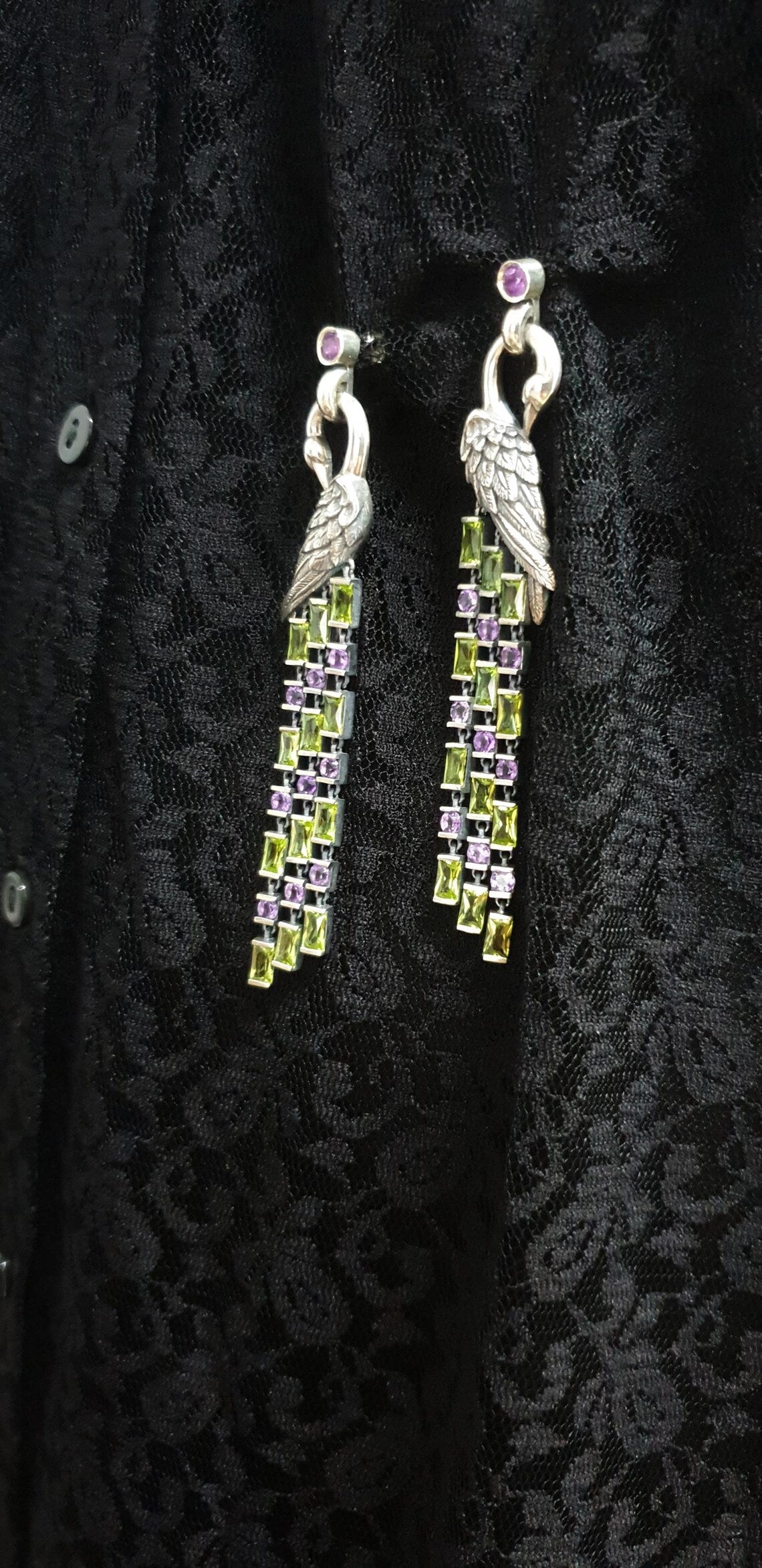 Statement sterling silver Firebird earrings inspired by Slavic mythology