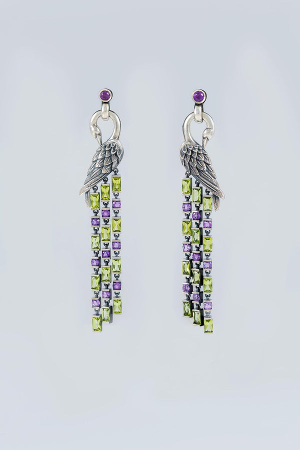 Handcrafted sterling silver Firebird earrings with peridot and amethyst