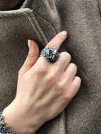 Handmade sterling silver owl ring with gemstone eyes