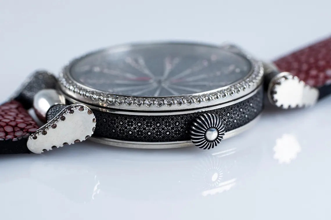 Handcrafted 925 Sterling Silver Watch with Lilac Cubic Zirconia Dial & Stingray Leather Strap
