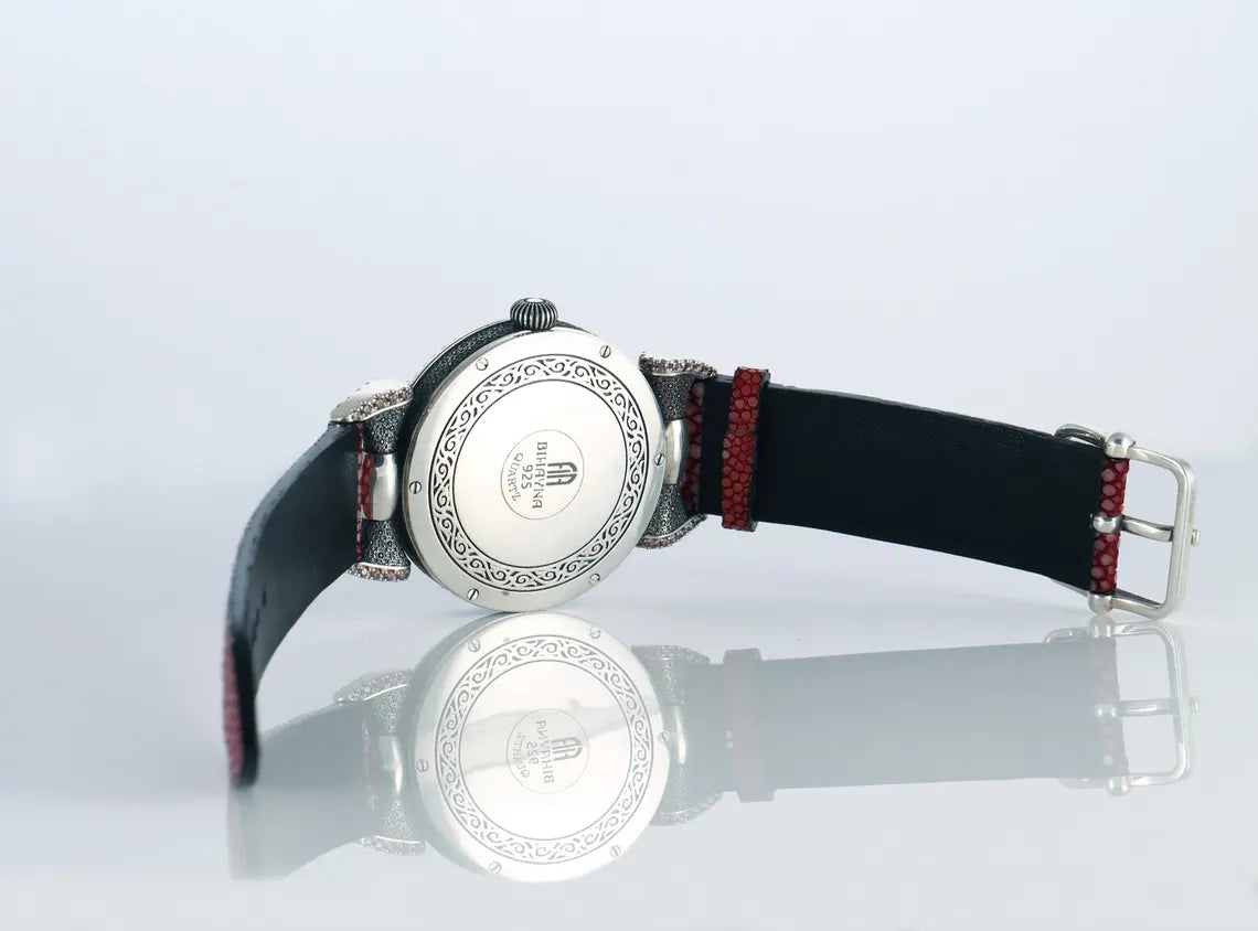 Handcrafted 925 Sterling Silver Watch with Lilac Cubic Zirconia Dial & Stingray Leather Strap