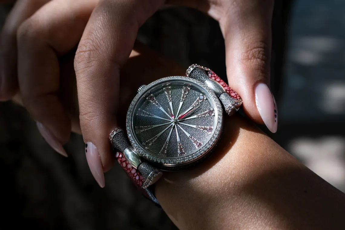 Artisan unisex silver watch with lilac gemstone accents