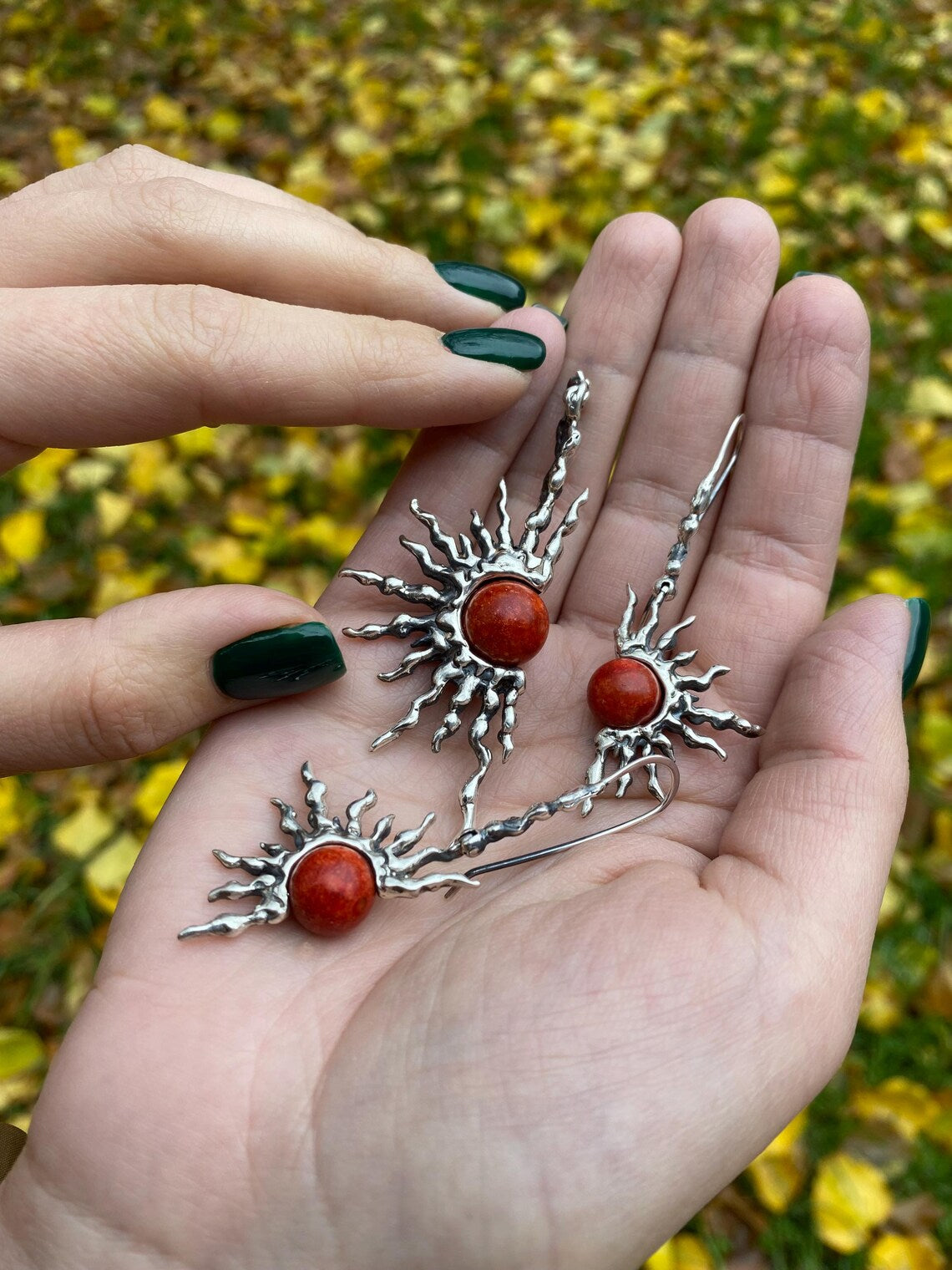 Sun & Red Coral Silver Earrings