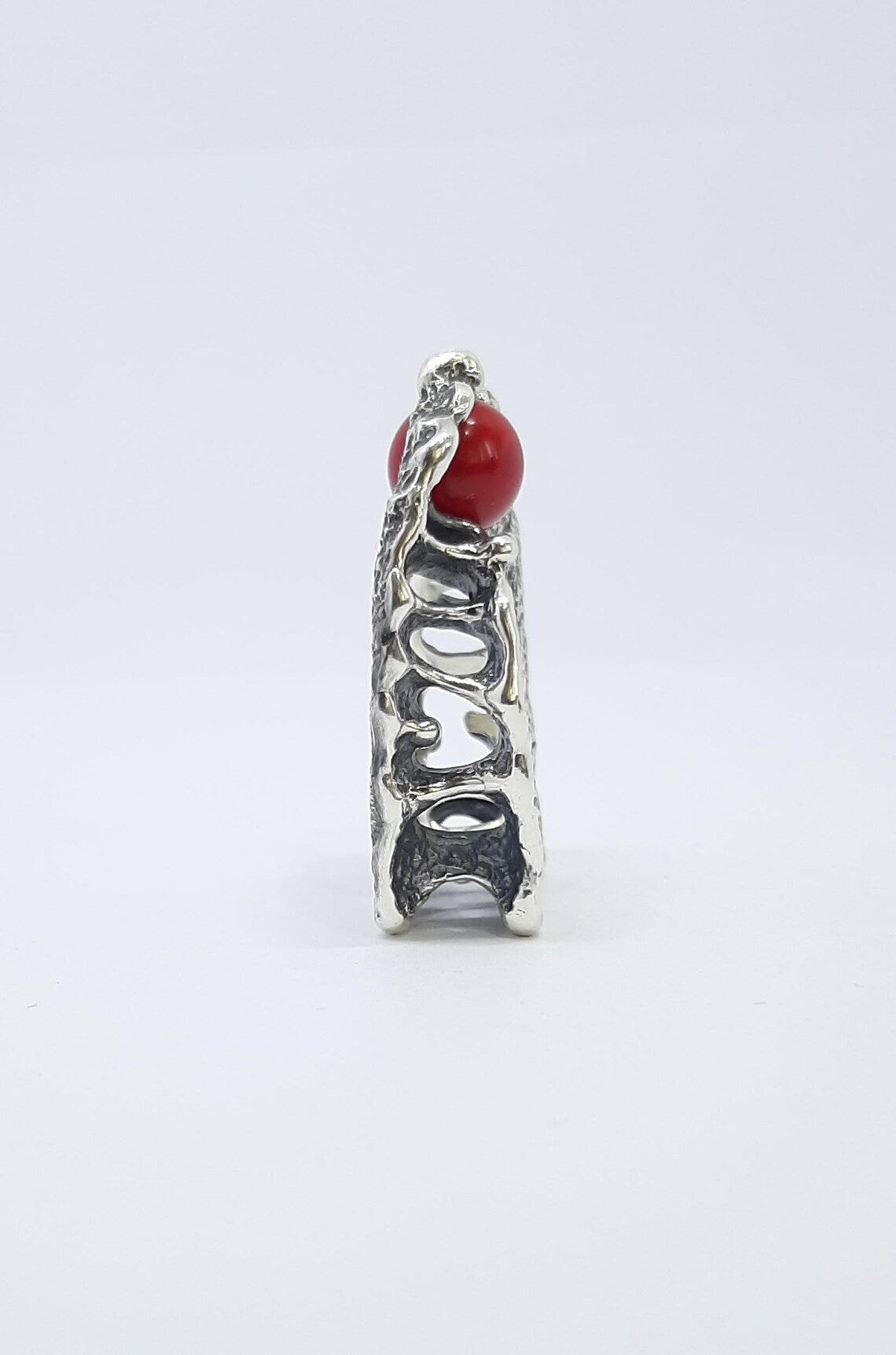 Red coral sterling silver conceptual DNA jewelry ring