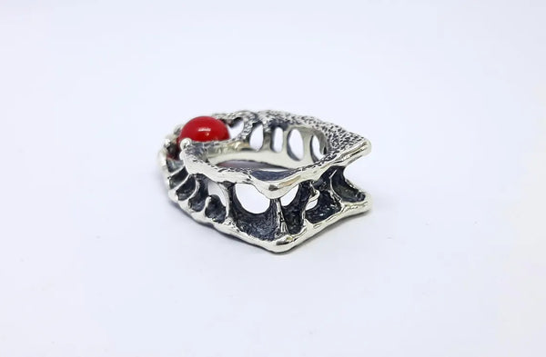 Handmade sterling silver DNA helix ring with red coral stone