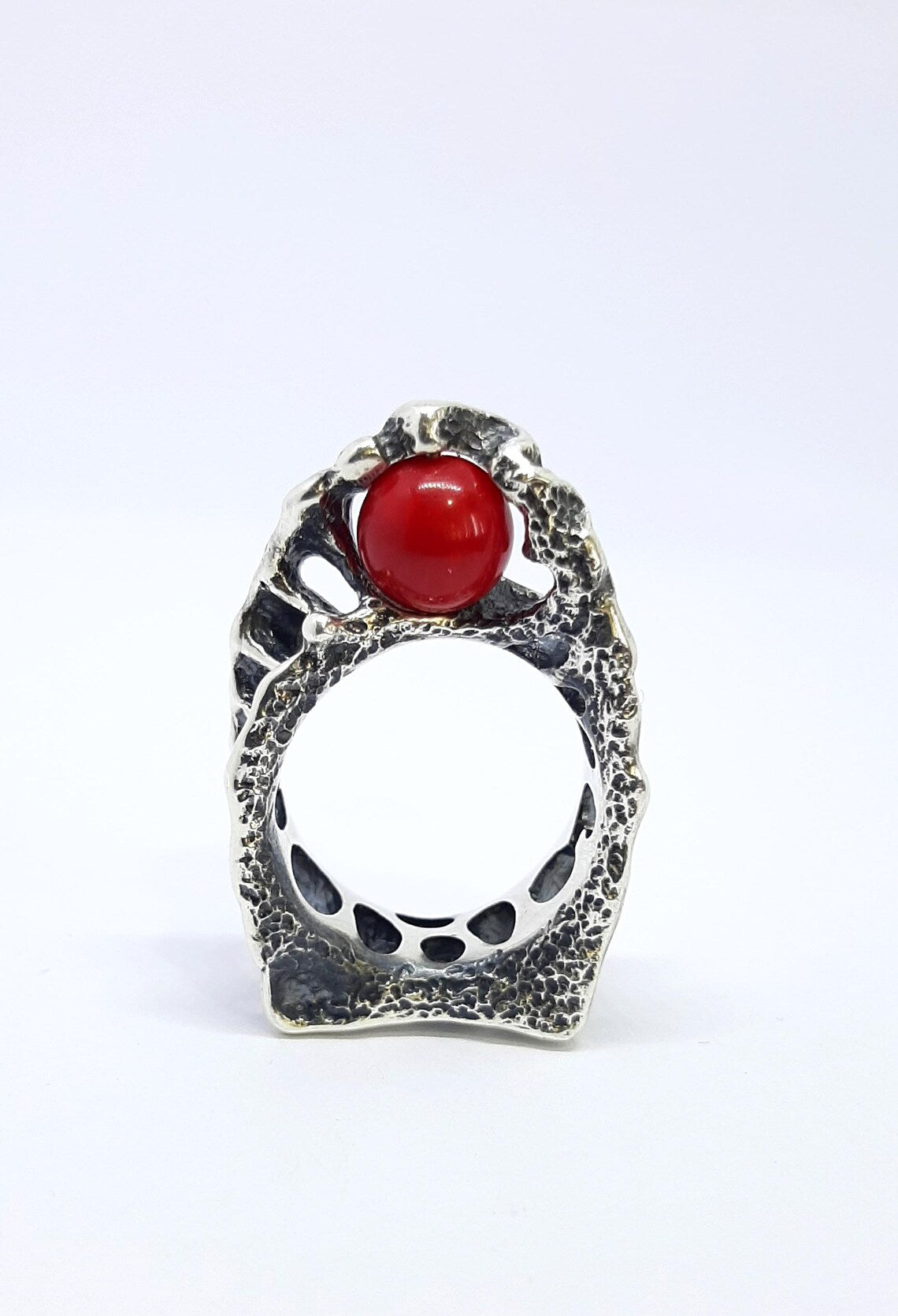 Unisex sculptural science inspired silver ring