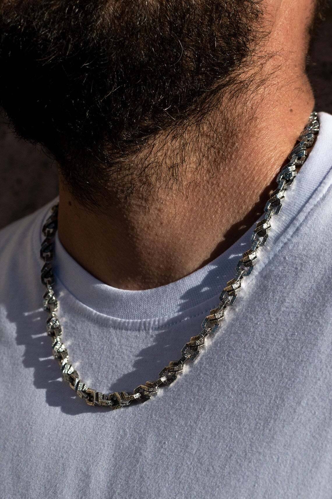 Solid silver anchor link necklace detail