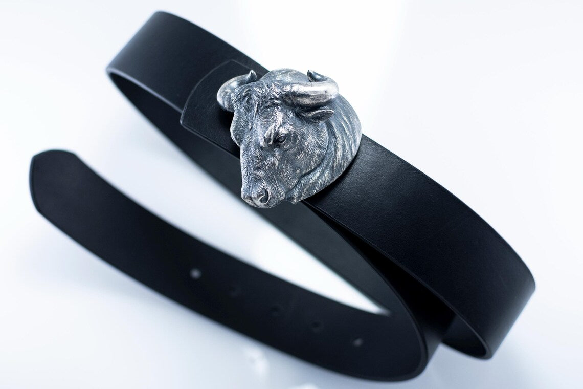 Western leather belt with silver bull buckle