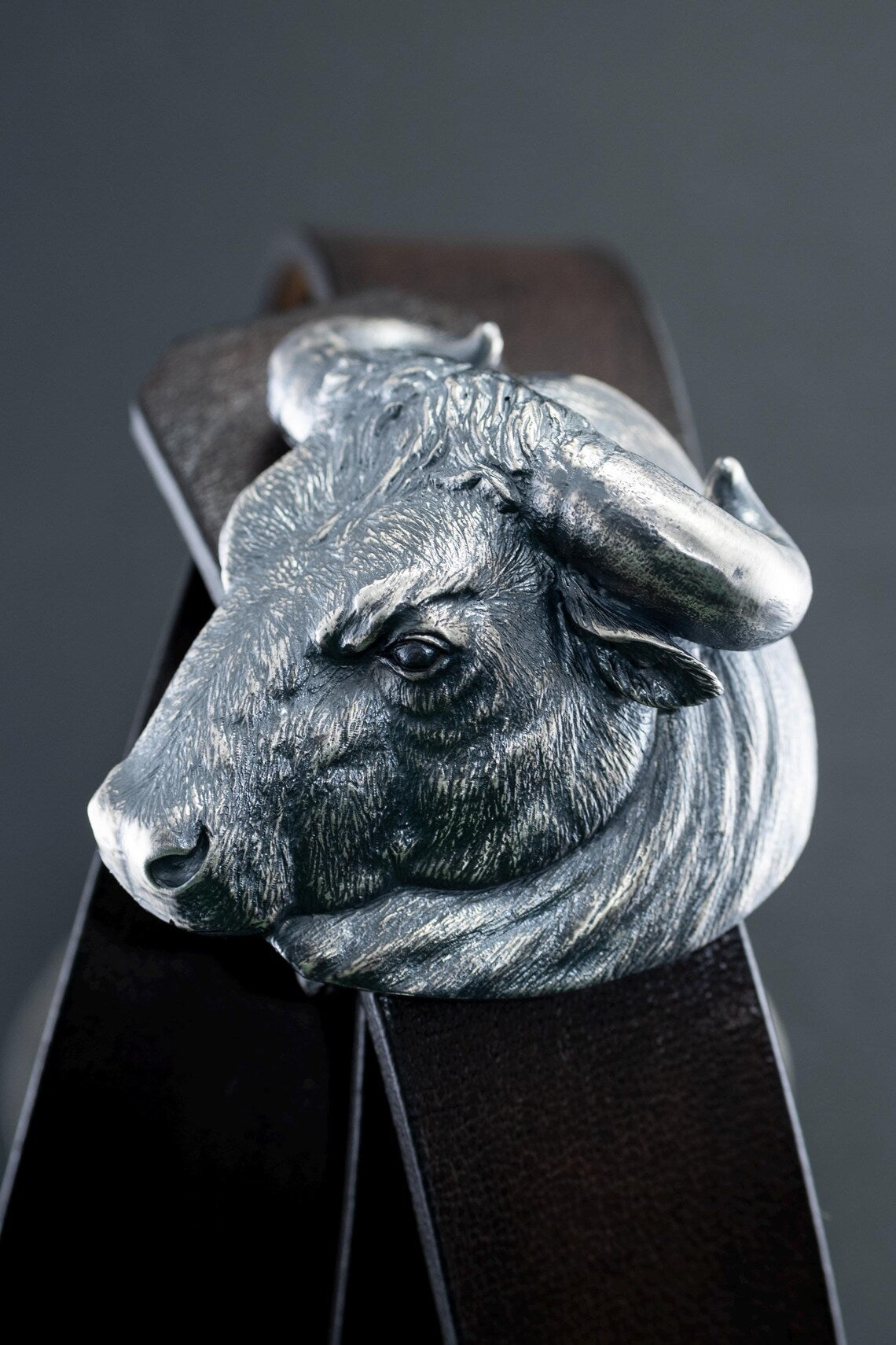 Premium handmade leather belt with oxidized sterling silver buckle